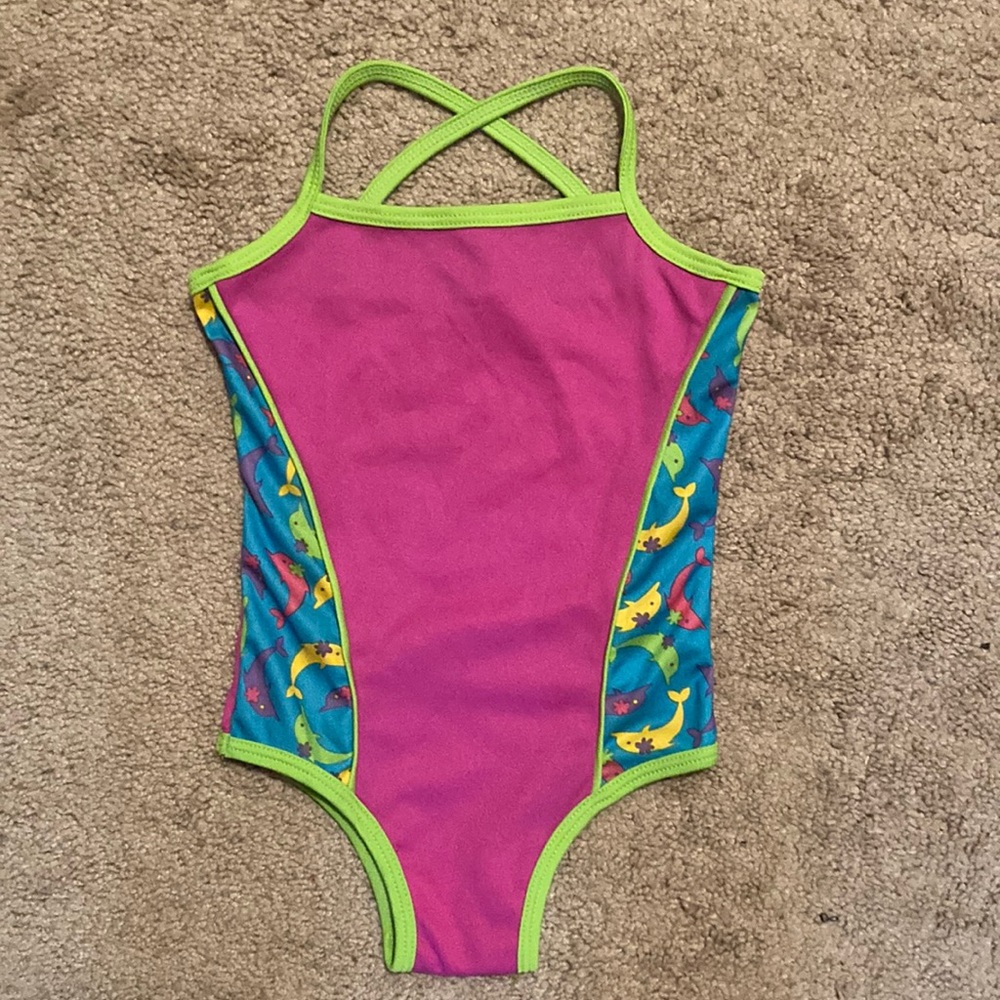 Girls One Piece Bright Pink Green Blue Dolphin Swimsuit size 2T/3T
